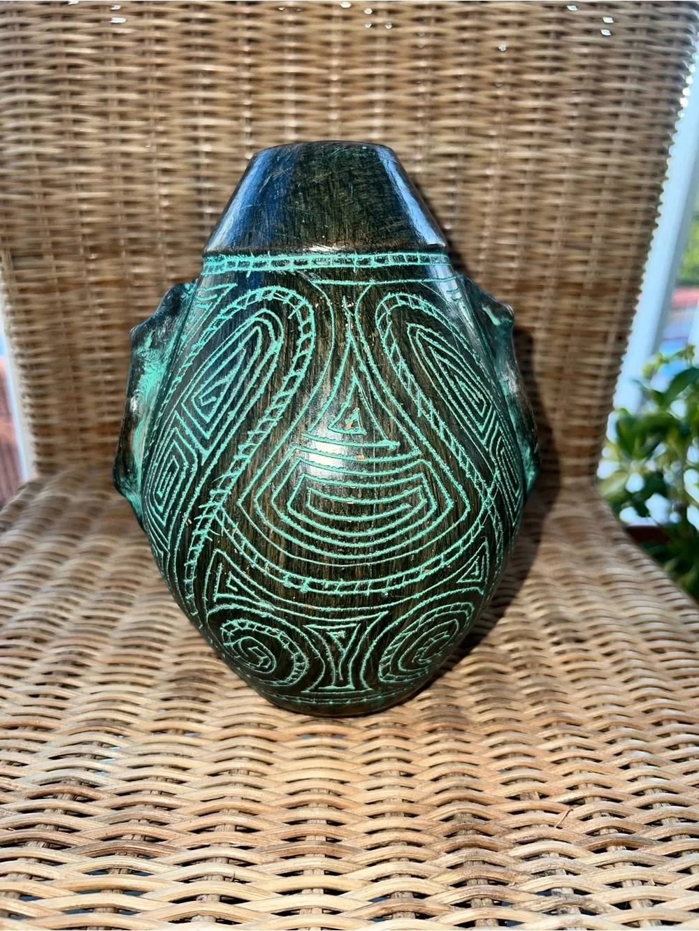 Vintage Marajoara Pottery Face Vase Brazil Amazonian Tribal Carved Geometric